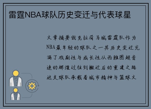 雷霆NBA球队历史变迁与代表球星